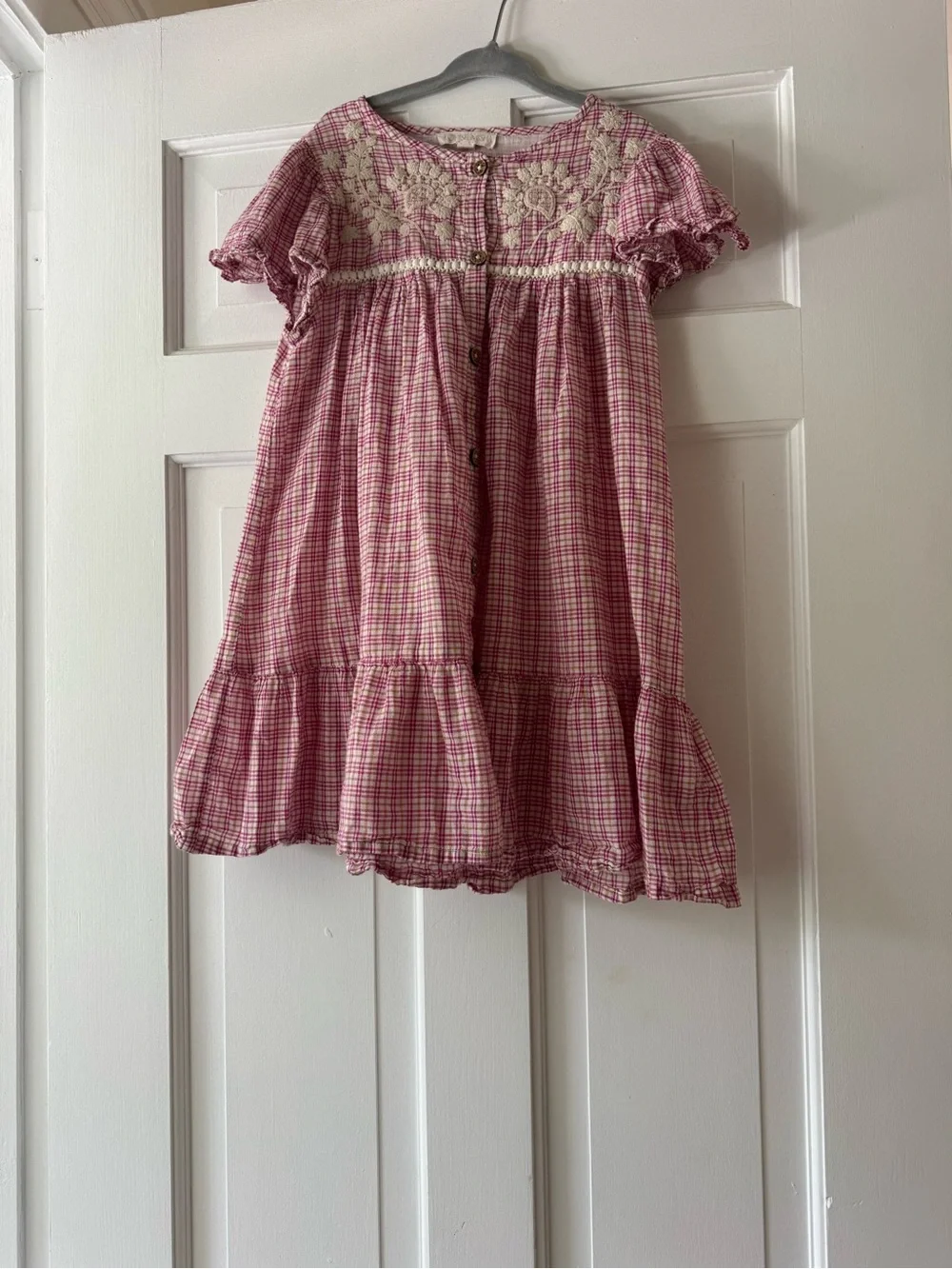 Girls' Pink Plaid Nightgown with Lace Yoke